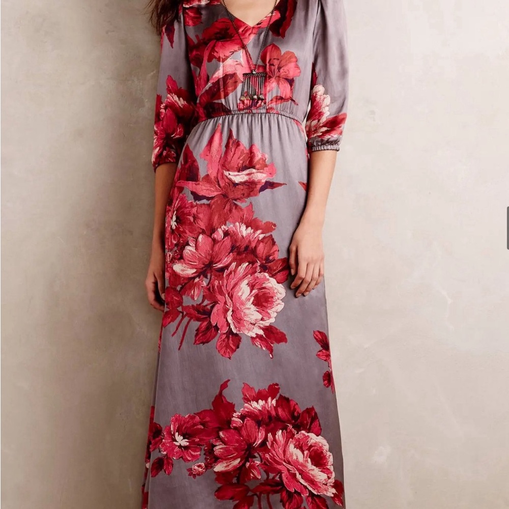 Anthropologie Pernette Midi Dress Gray with Red Florals